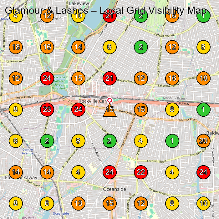 Glamour & Lashes Beauty Salon GeoGrid ranking map for Rockville Centre NY
